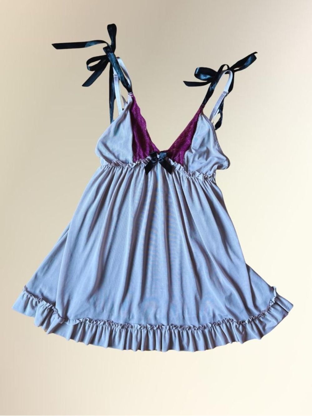 Hot Kiss Light Purple Chemise with Dark Purple Lace & Black Ribbon Ties